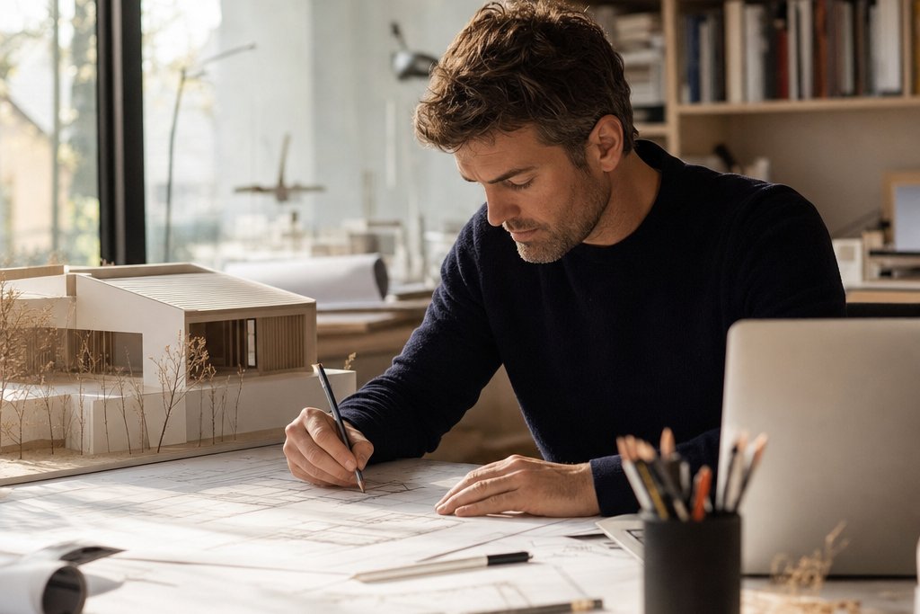 Unser Architekt entwirft einen Grundriss neben dem Modell eines Einfamilienhauses