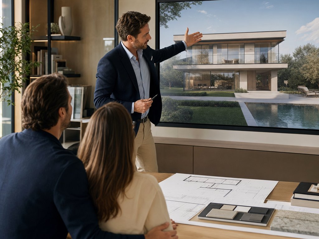 Architekt präsentiert einem Paar die Visualisierung ihres neuen Hauses